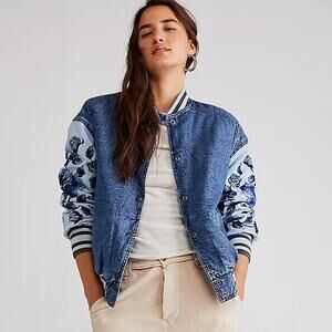 New Free People WTF Team Spirit Jacket $298 SMALL Stone Blue Floral Embroidery